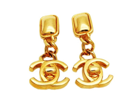 Authentic vintage Chanel earrings gold turnlock CC chain dangle large