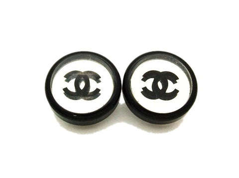Authentic vintage Chanel earrings black cc mirror plastic round small