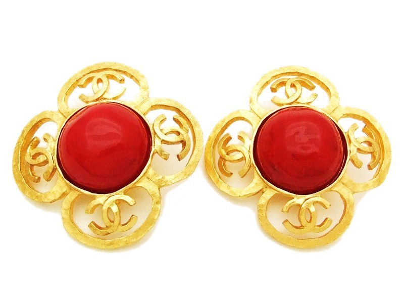 Authentic vintage Chanel earrings gold CC red stone flower large