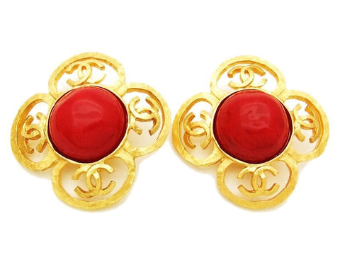 Authentic vintage Chanel earrings gold CC red stone flower large real