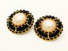 Authentic vintage Chanel earrings black leather chain pearl round sale