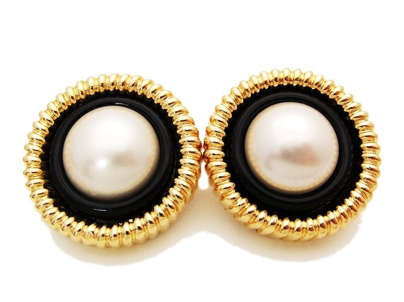 Authentic vintage Chanel earrings gold black white pearl large