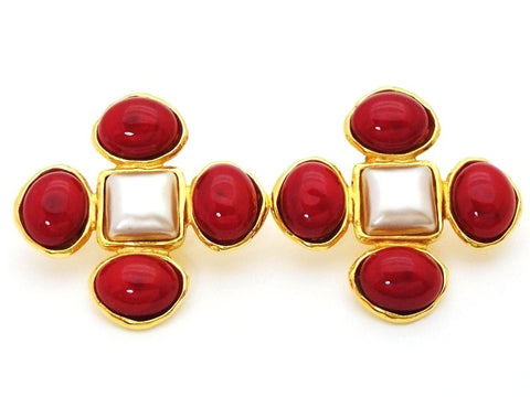 Authentic vintage Chanel earrings red glass stones white pearl cross