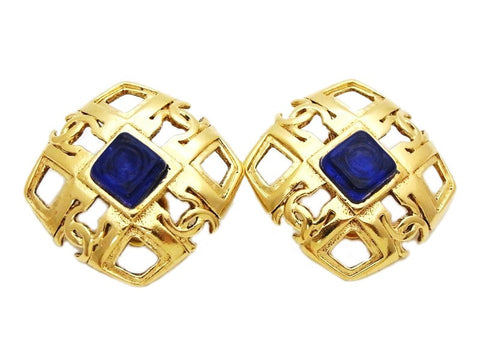 Authentic vintage Chanel earrings blue stone gold cc logo rhombus clip
