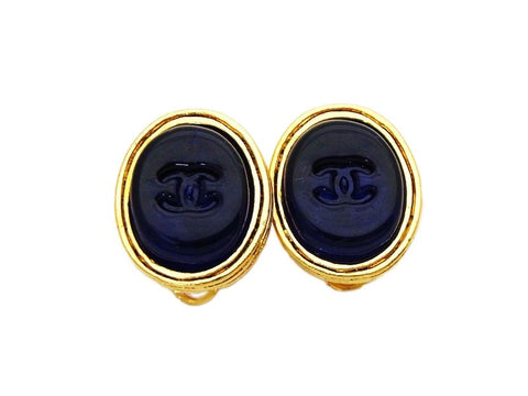 Authentic vintage Chanel earrings navy blue glass stone CC jewelry