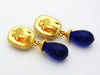 Authentic vintage Chanel earrings gold CC navy blue stone drop dangle