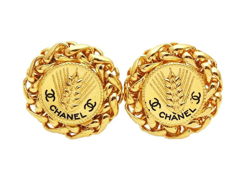 Authentic vintage Chanel earrings gold ear of rice CC logo round real