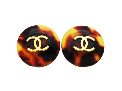 Authentic vintage Chanel earrings gold CC logo tortoiseshell round
