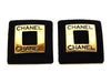 Authentic vintage Chanel earrings black cloth gold square logo classic
