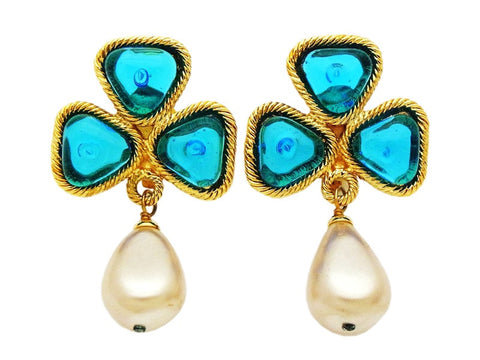 Authentic vintage Chanel earrings blue stone clover pearl drop dangle