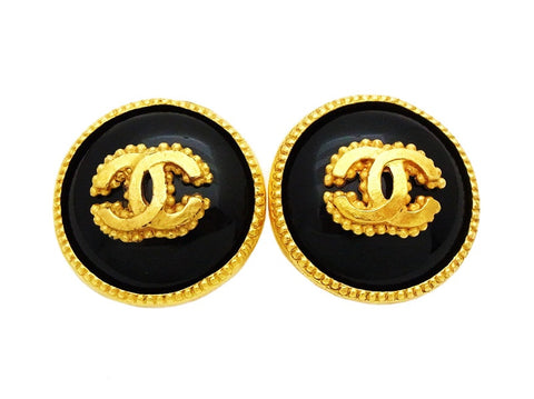 Authentic vintage Chanel earrings gold CC black glass stone round real