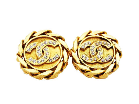 Authentic vintage Chanel earrings gold CC logo rhinestone round real