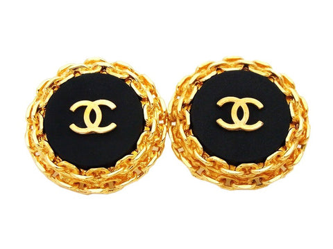 Authentic vintage Chanel earrings gold CC logo black chain round real