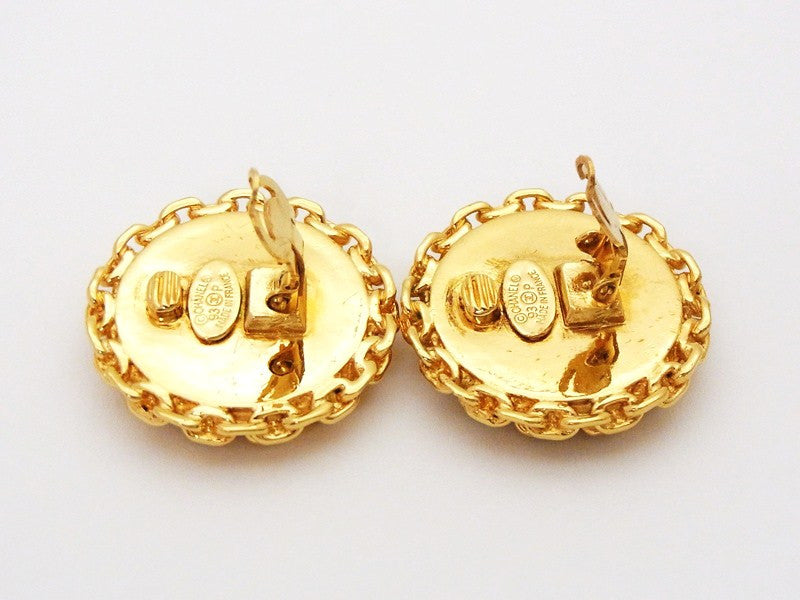 Authentic vintage Chanel earrings gold CC logo black chain round real