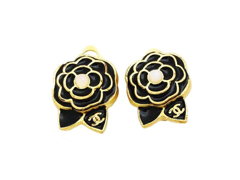 Authentic vintage Chanel earrings CC black camellia pearl classic
