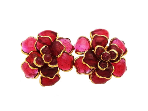 Authentic vintage Chanel earrings red gripoix glass camellia flower