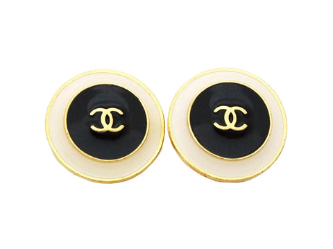 Authentic vintage Chanel earrings gold CC logo white black round real