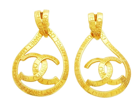Authentic vintage Chanel earrings gold CC logo ribbon hoop dangle