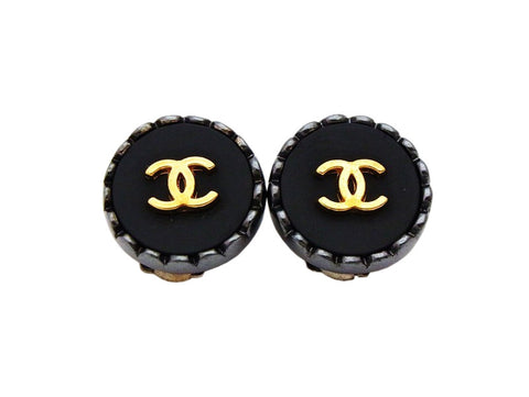 Authentic vintage Chanel earrings gold CC logo black small round real