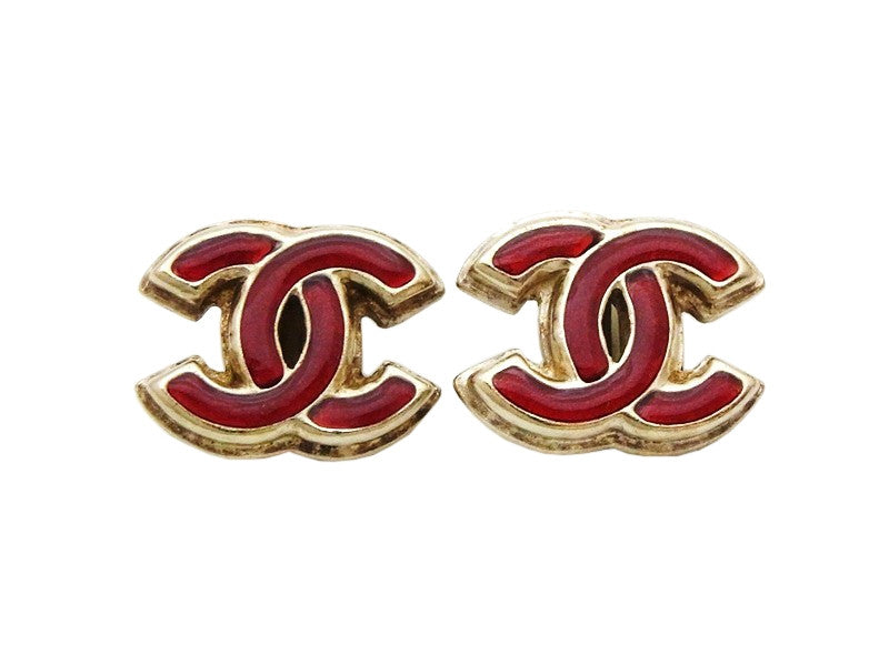 Authentic vintage Chanel earrings red CC logo silver frame double