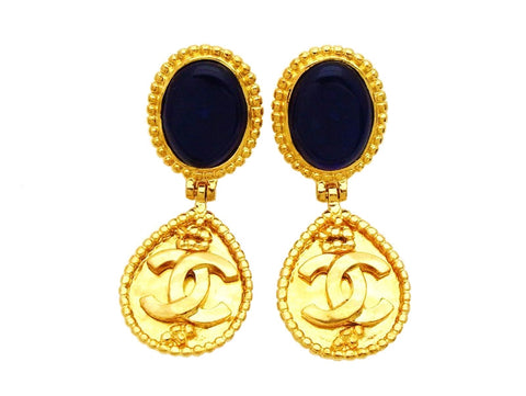Authentic vintage Chanel earring navy blue stone gold CC drop dangle