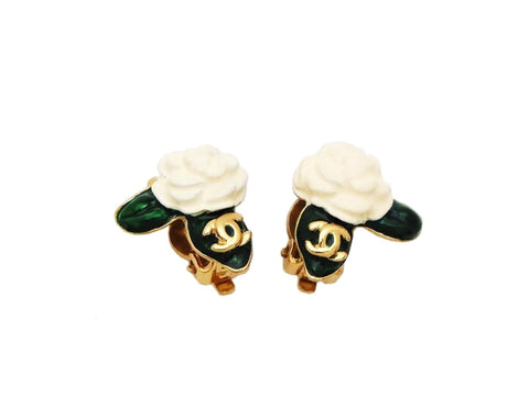 Authentic vintage Chanel earrings gold CC logo white camellia green