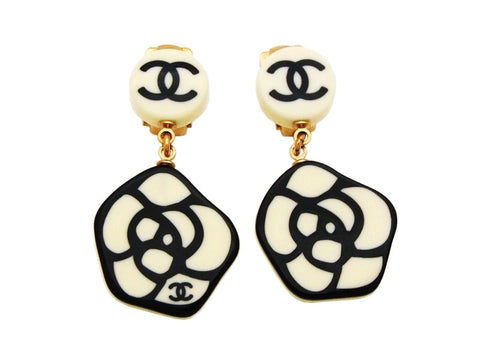 Authentic vintage Chanel earrings black CC camellia dangle plastic