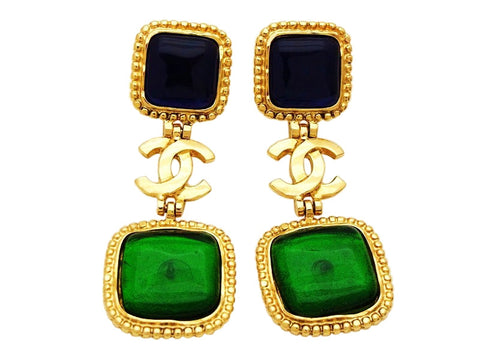Authentic vintage Chanel earrings CC logo navy blue green stone dangle