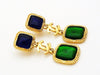 Authentic vintage Chanel earrings CC logo navy blue green stone dangle