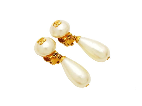 Authentic vintage Chanel earrings CC logo white pearl drop dangle real