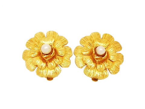 Authentic vintage Chanel earrings camellia flower pearl gold classic