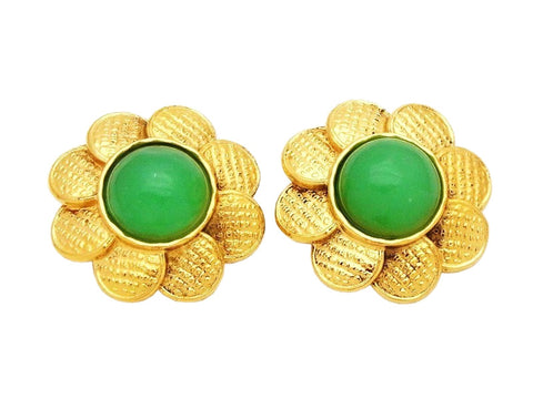 Authentic vintage Chanel earrings logo medal green stone flower