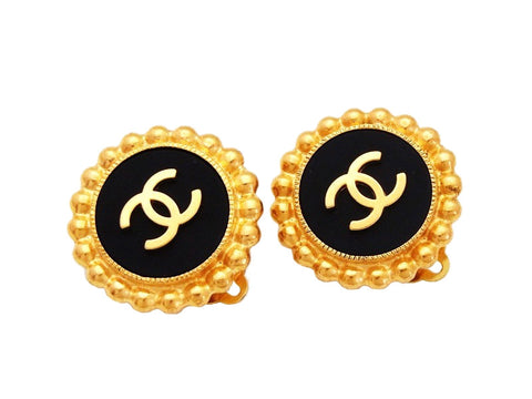 Authentic vintage Chanel earrings CC logo gold black round jewelry
