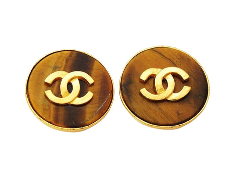 Authentic vintage Chanel earrings CC logo brown stone round jewelry