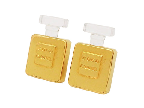 Authentic vintage Chanel earrings logo gold perfume bottle large
