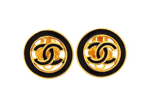 Authentic vintage Chanel earrings CC logo black painted round rael