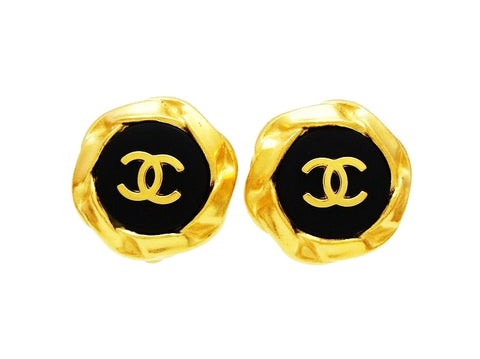 Chanel earrings CC logo black gold round Authentic Vintage Chanel