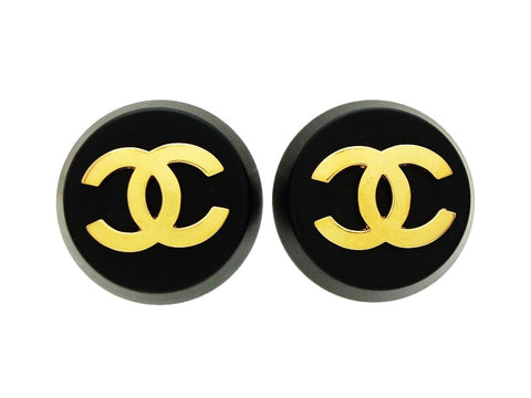 Chanel round earrings CC logo black plastic Authentic