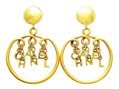 Chanel dangle earrings logo hoop Authentic