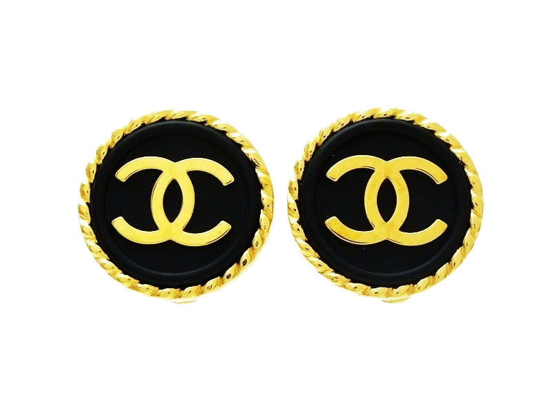 Chanel round earrings CC logo black button Authentic Vintage