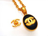 Authentic vintage Chanel necklace CC logo Black Oval Stone