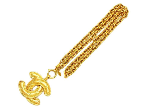 Authentic vintage Chanel necklace chain quilted CC pendant jewelry