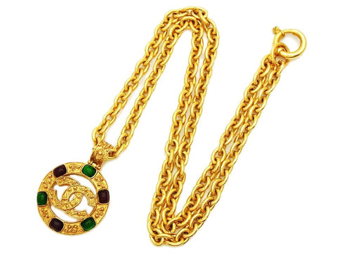 Authentic vintage Chanel necklace chain CC red green stone pendant