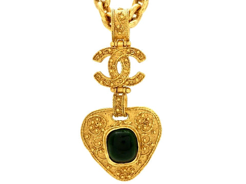 Vintage Chanel necklace CC logo green stone pendant