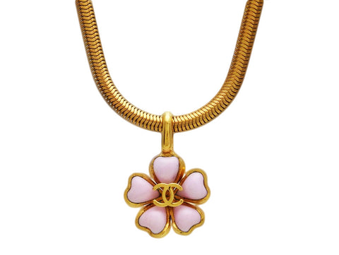 Vintage Chanel necklace CC logo cherry blossom pink