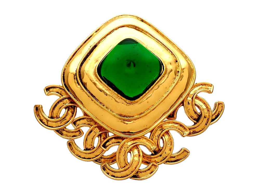 Authentic Vintage Chanel pin brooch Green Gripoix stone CC logo Dangle