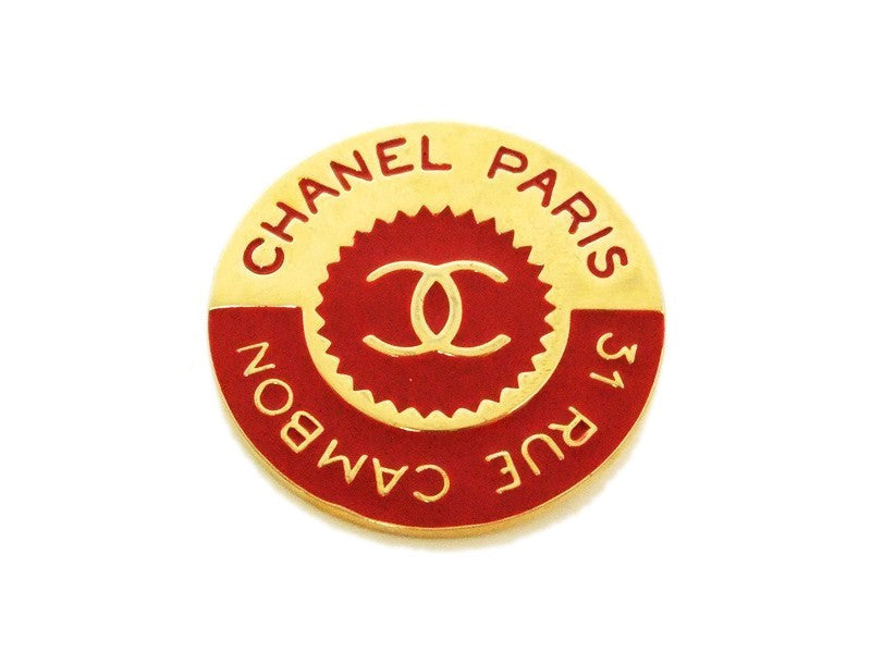 Authentic vintage Chanel pin brooch gold CC logo Rue Cambon red round