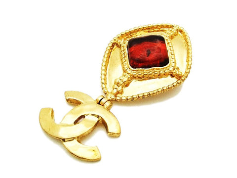 Authentic vintage Chanel pin brooch red stone rhombus CC logo dangle
