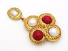 Authentic vintage Chanel pin brooch red stone pearl dangle logo round