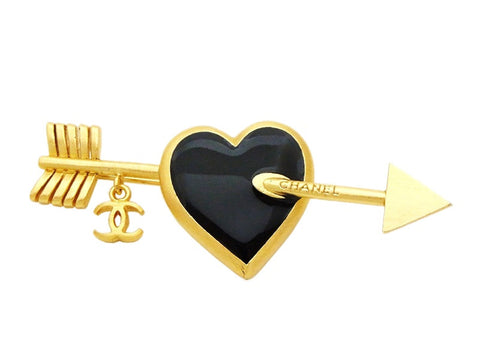 Authentic vintage Chanel pin brooch gold CC black heart arrow jewelry